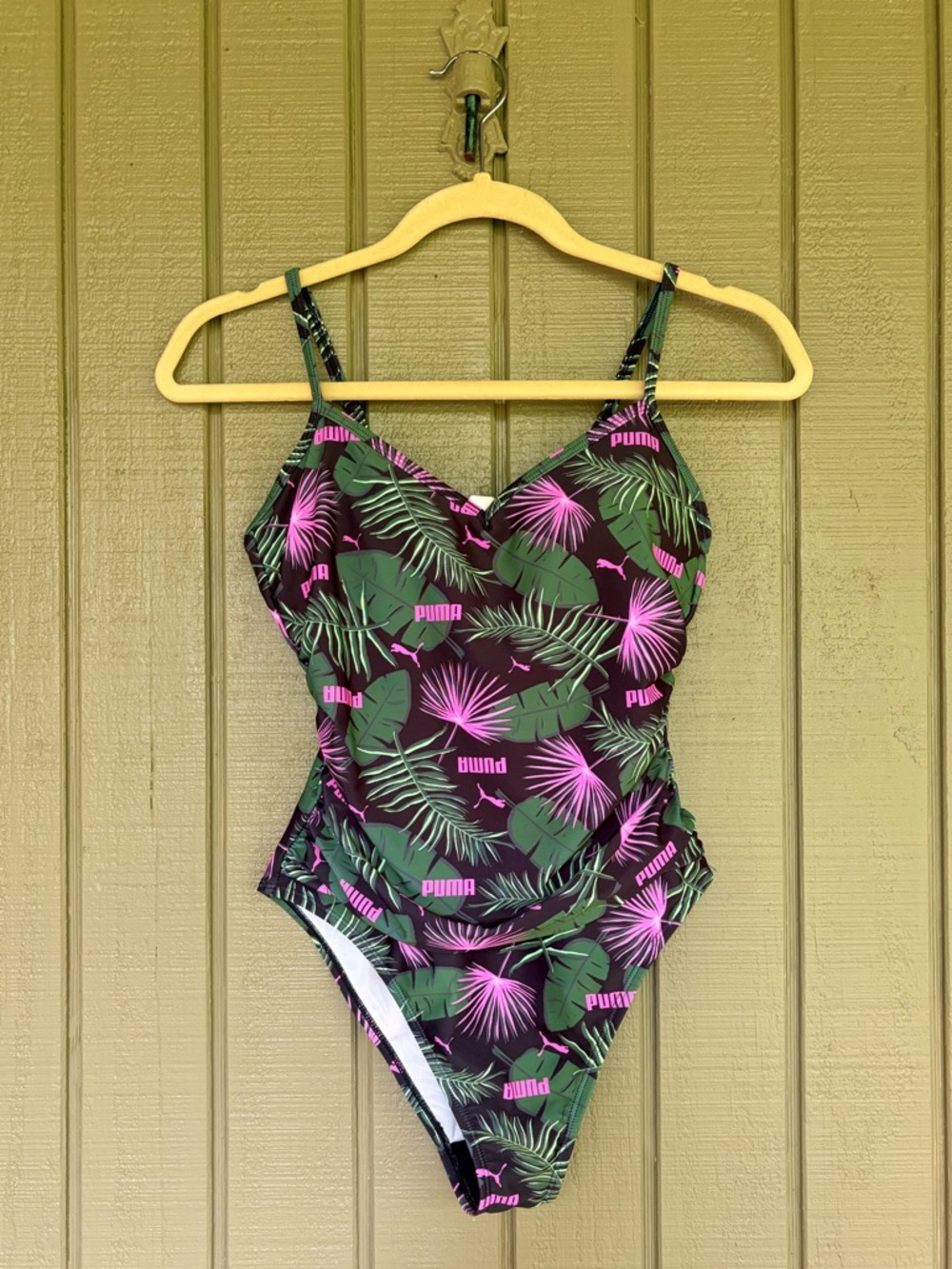 PUMA Tropical Palm Leaf One Piece Swimsuit EUC Size Small Pink Green Floral